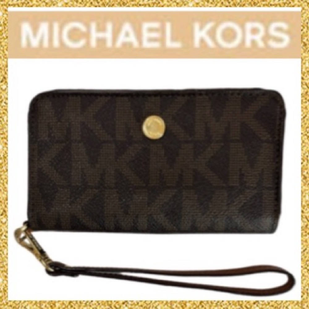 Michael Kors Wristlet Wallet Brown Monogram Pattern Neutral Classic Luxury